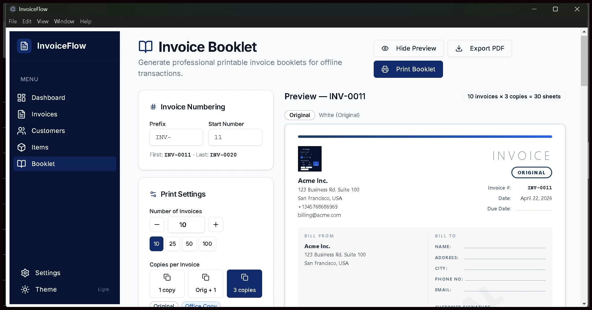 InvoiceFlow invoice booklet printing interface
