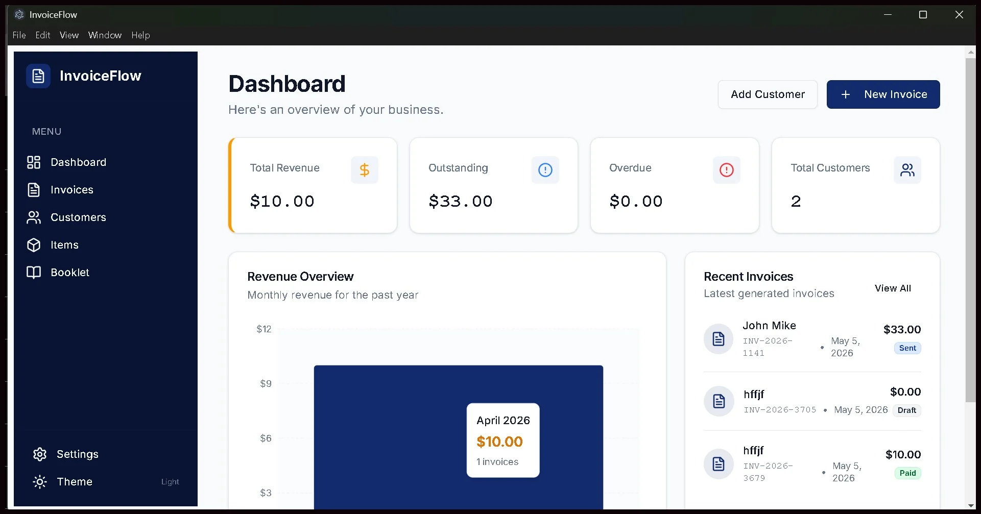 InvoiceFlow dashboard showing revenue overview, invoices, and customer metrics