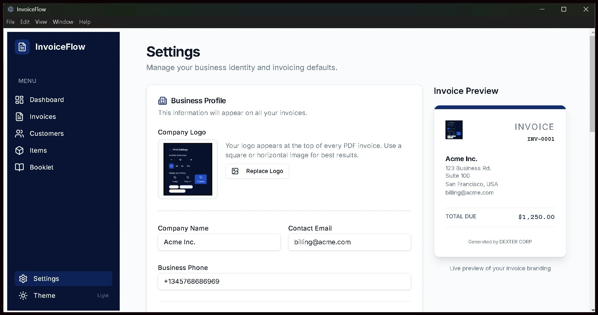 InvoiceFlow settings panel preview